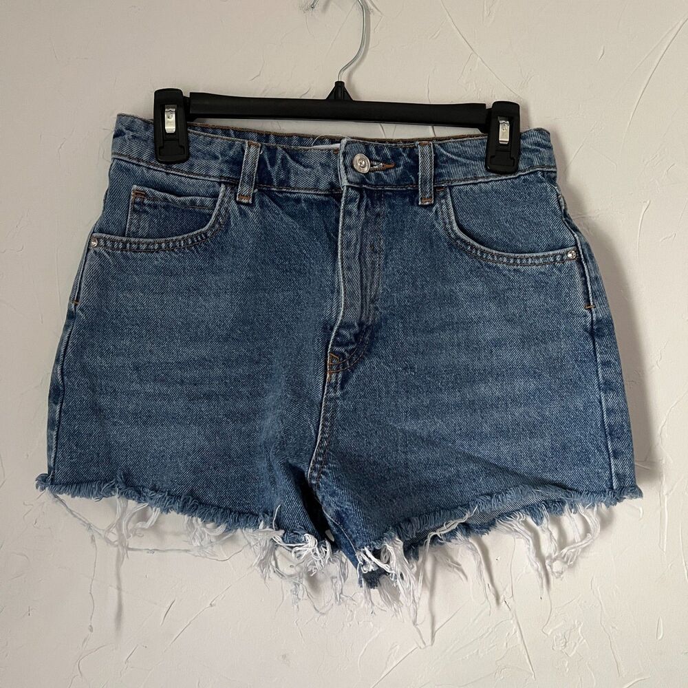 Zara Denim Shorts Size 4 Medium Wash High Rise Raw Hem Frayed Cutoff Euro Summer